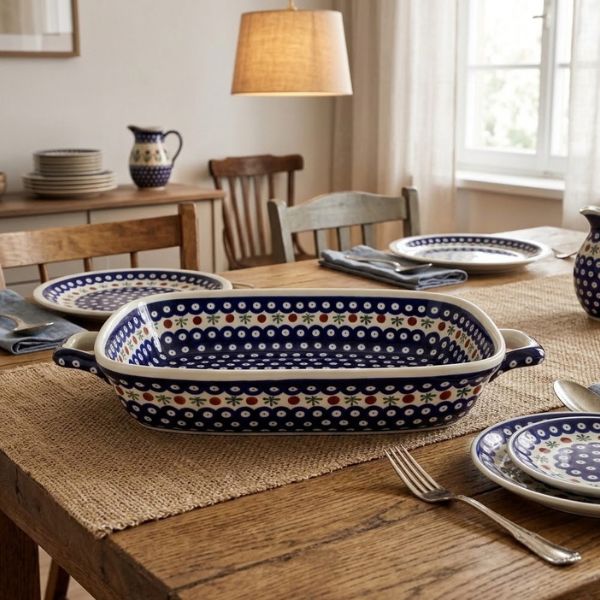 Handmade Polish pottery baking dishes from Boleslawiec: rectangular, oval au gratin and 18-inch with handles